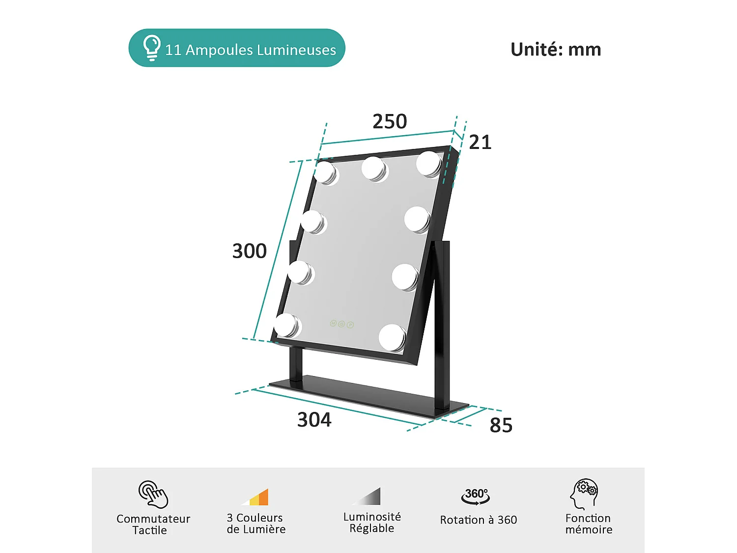 EMKE Hollywood miroir de courtoisie avec lumière, 47.5x36.4cm noir, miroir de coiffeuse pivotant à 360°, avec 3 lumières dimmables
