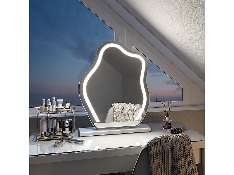 EMKE Specchio da trucco illuminato con interruttore sensibile al tocco a 3 colori Dimmerabile Rotazione di 360° - Cornice bianca 58 x 45 cm
