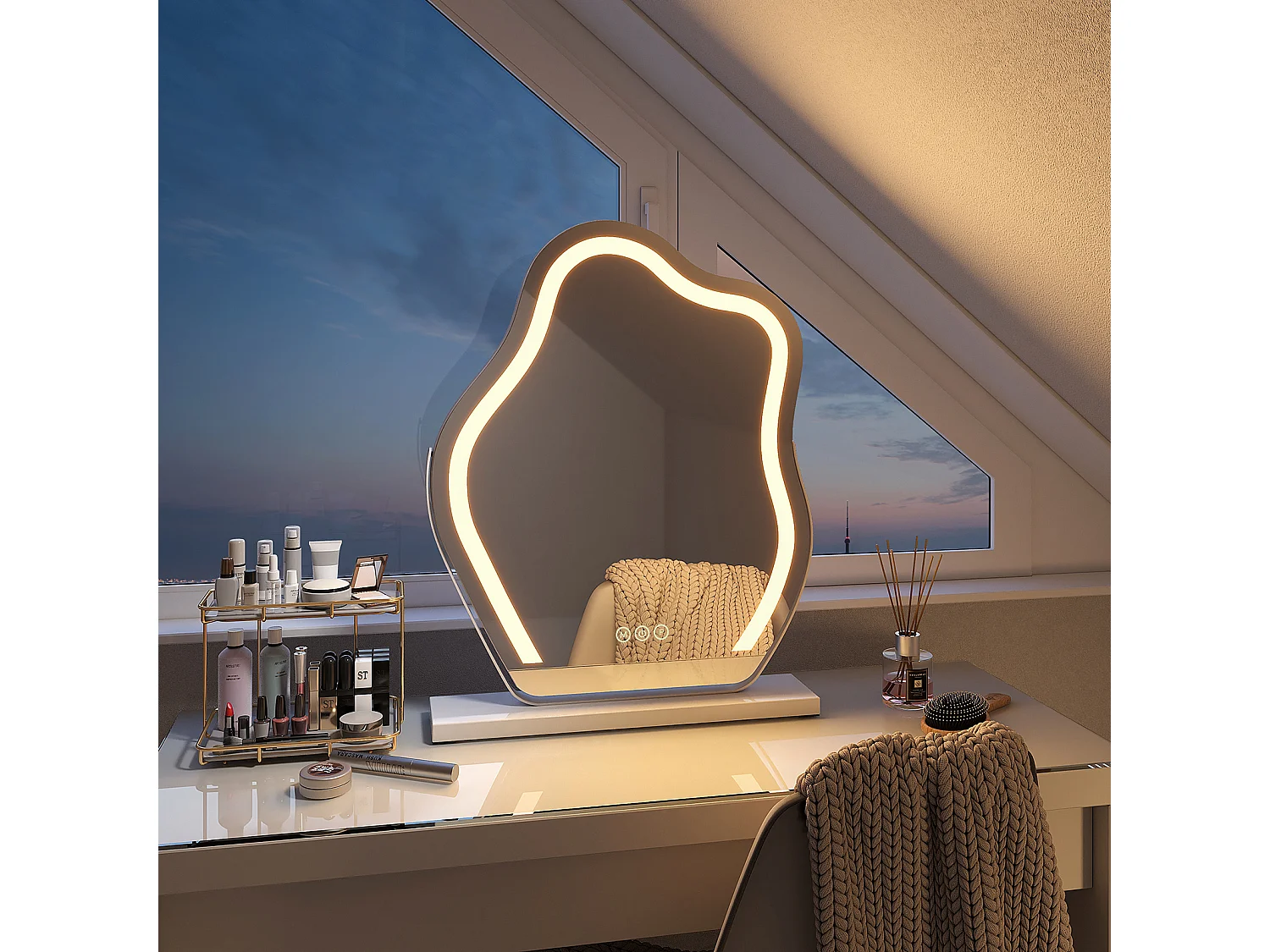 EMKE Specchio da trucco illuminato con interruttore sensibile al tocco a 3 colori Dimmerabile Rotazione di 360° - Cornice bianca 58 x 45 cm