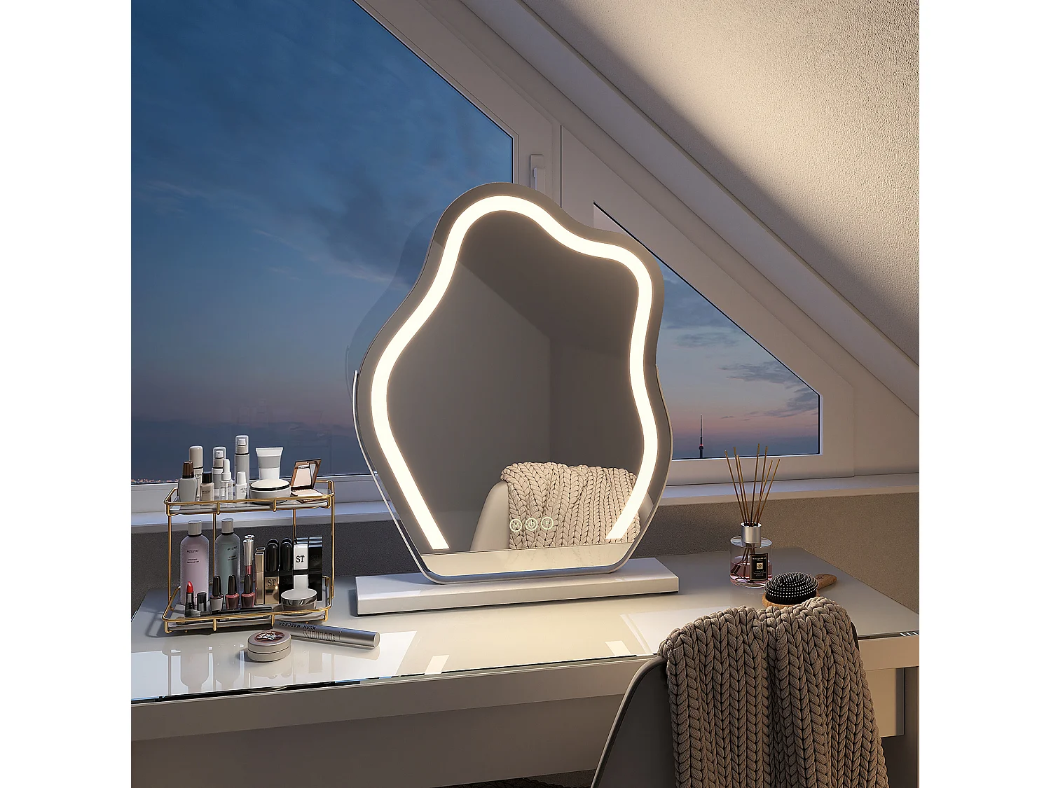 EMKE Specchio da trucco illuminato con interruttore sensibile al tocco a 3 colori Dimmerabile Rotazione di 360° - Cornice bianca 58 x 45 cm