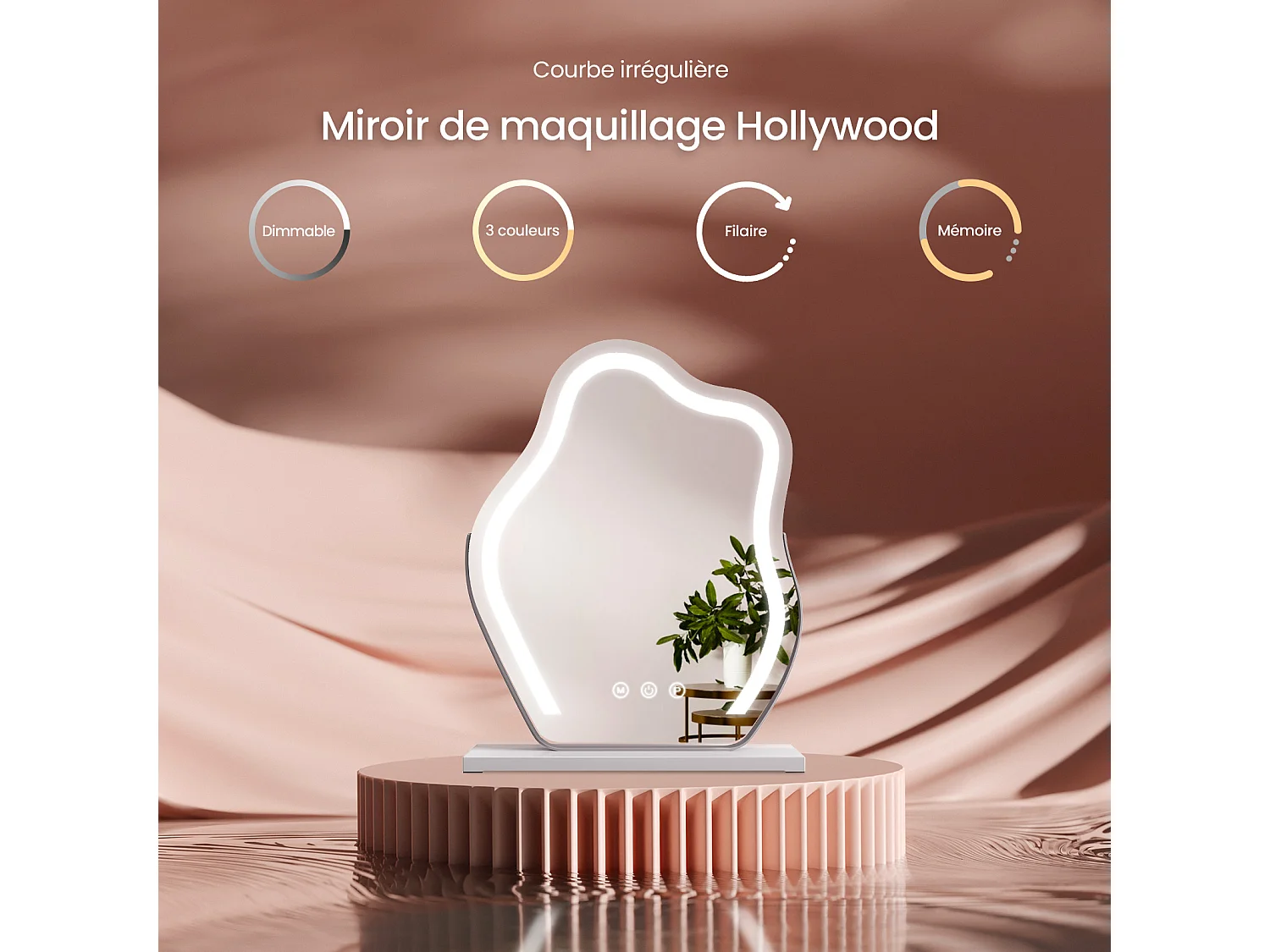 EMKE Specchio da trucco illuminato con interruttore sensibile al tocco a 3 colori Dimmerabile Rotazione di 360° - Cornice bianca 58 x 45 cm