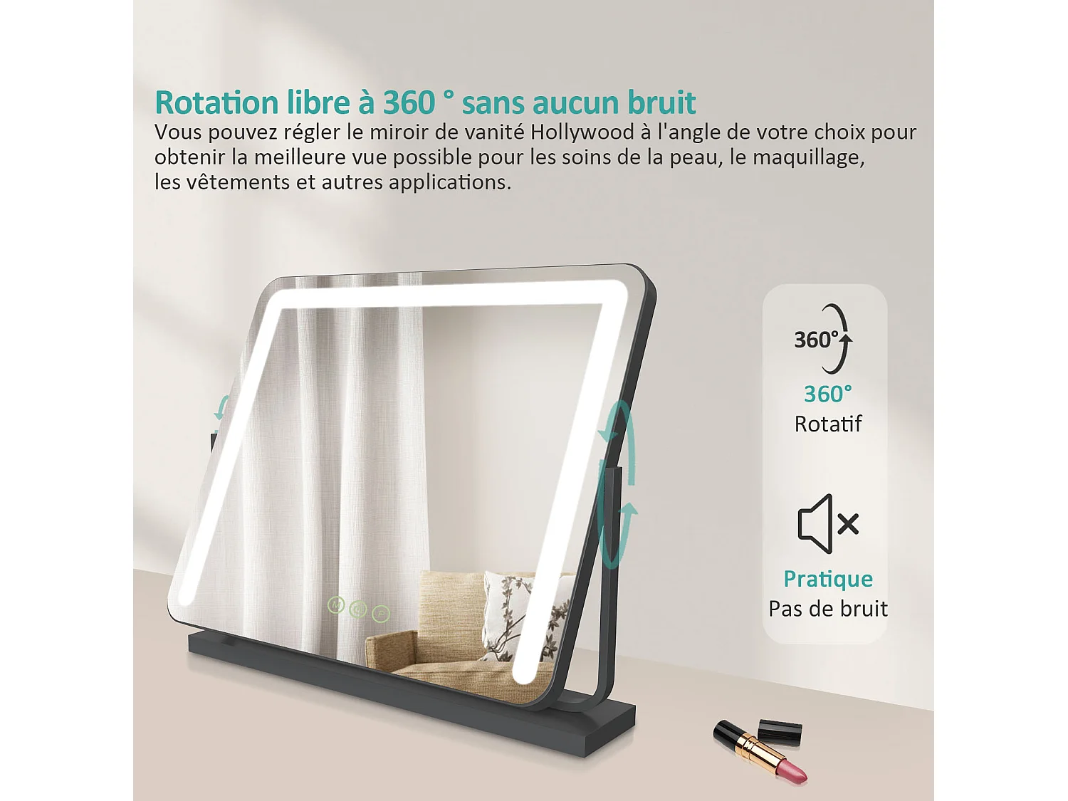 EMKE Miroir cosmétique 60x51.6cm, avec 3 LED de couleur à intensité variable, miroir carré noir orientable sur 360°