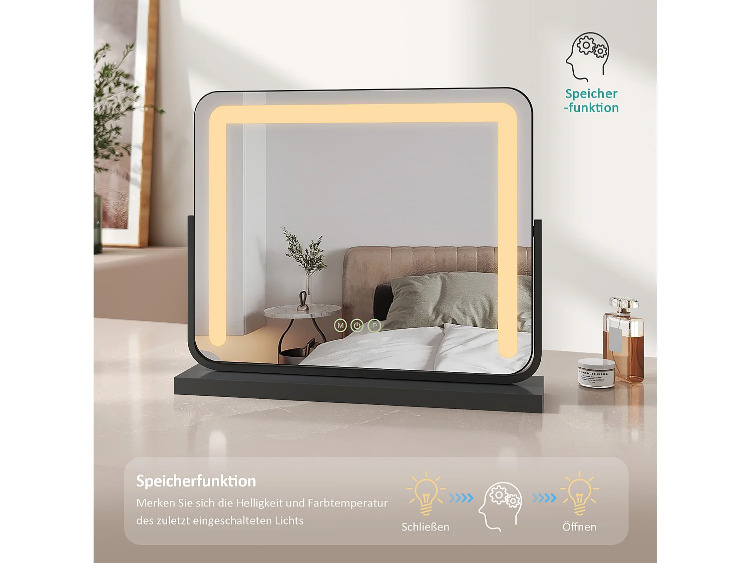 EMKE Miroir cosmétique 60x51.6cm, avec 3 LED de couleur à intensité variable, miroir carré noir orientable sur 360°