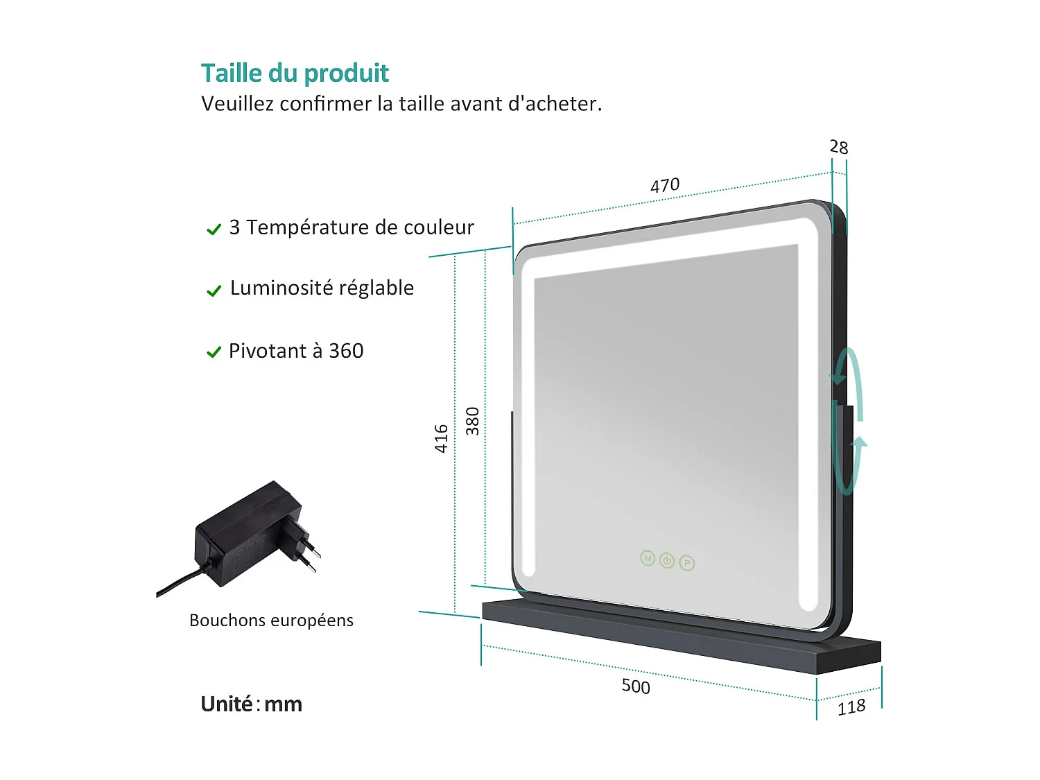 EMKE Miroir cosmétique 60x51.6cm, avec 3 LED de couleur à intensité variable, miroir carré noir orientable sur 360°