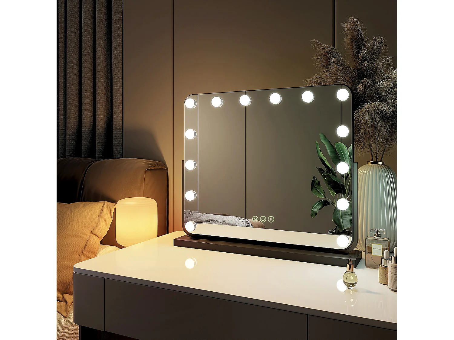 EMKE Hollywood miroir de courtoisie avec lumière, 60x51.6cm rectangulaire noir, miroir de coiffeuse pivotant à 360°, avec 3 lumières dimmables