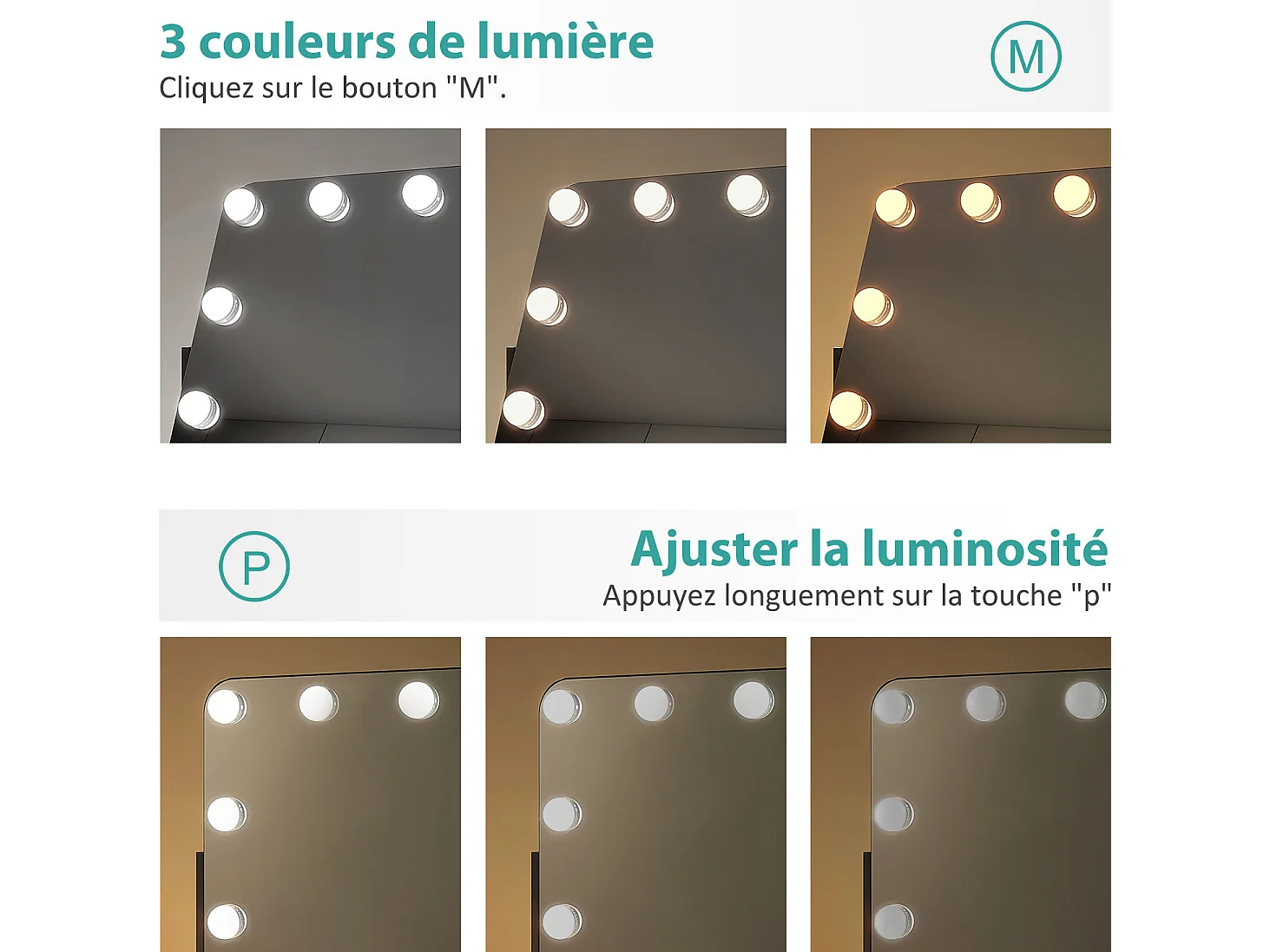 EMKE Hollywood miroir de courtoisie avec lumière, 60x51.6cm rectangulaire noir, miroir de coiffeuse pivotant à 360°, avec 3 lumières dimmables