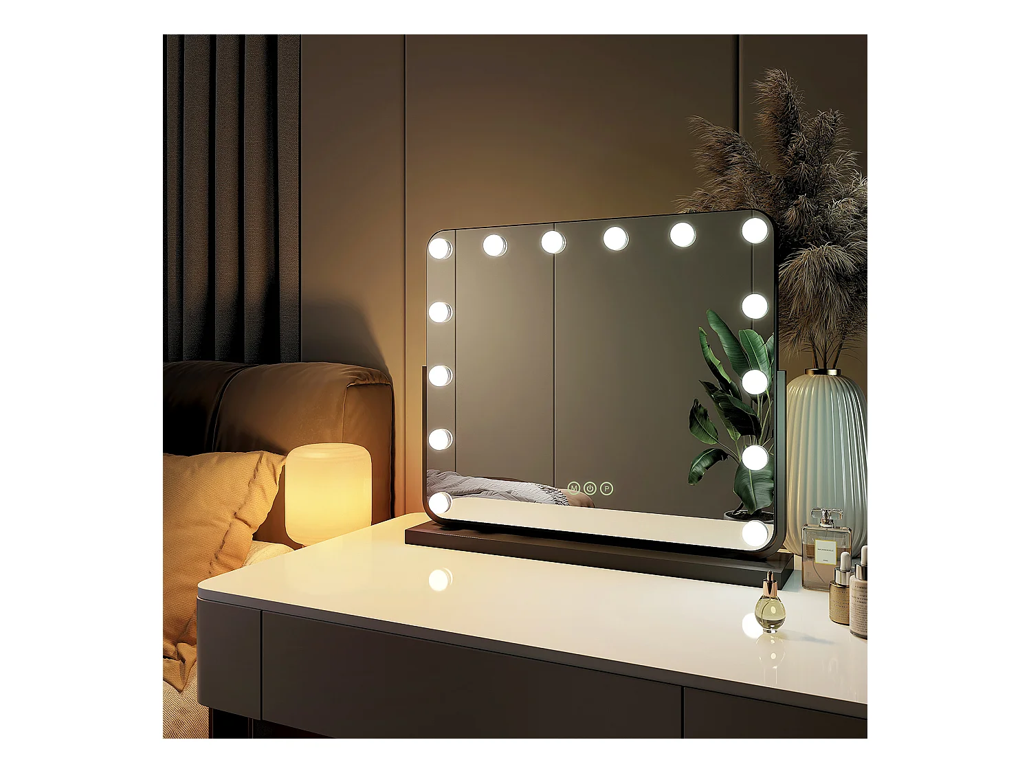 EMKE Hollywood miroir de courtoisie avec lumière, 60x51.6cm rectangulaire noir, miroir de coiffeuse pivotant à 360°, avec 3 lumières dimmables