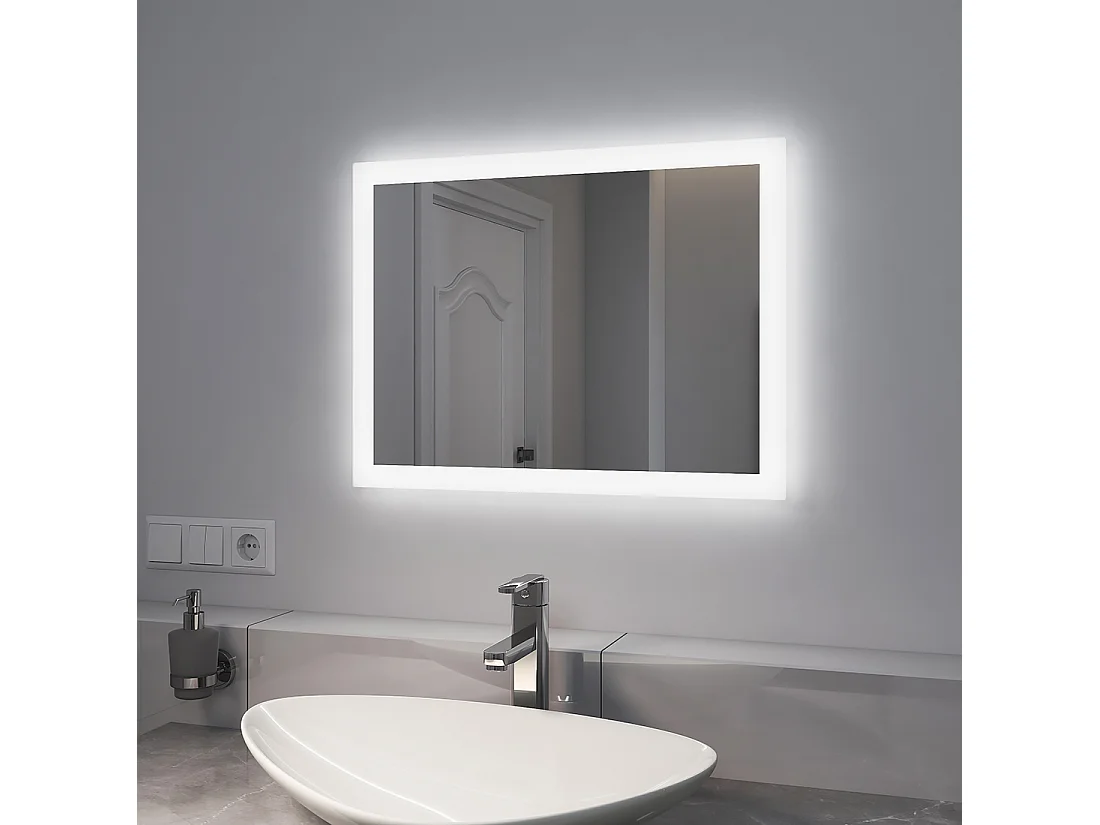 EMKE Miroir lumineux salle de bain 60x45cm, Miroir LED avec Interrupteur à bouton, Anti-buée, Miroir avec éclairage lumière Blanche Froide/Chaude
