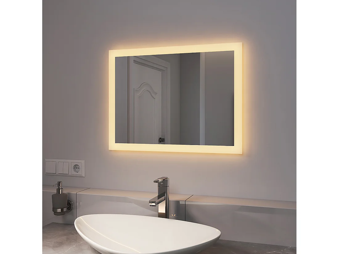 EMKE Miroir lumineux salle de bain 60x45cm, Miroir LED avec Interrupteur à bouton, Anti-buée, Miroir avec éclairage lumière Blanche Froide/Chaude