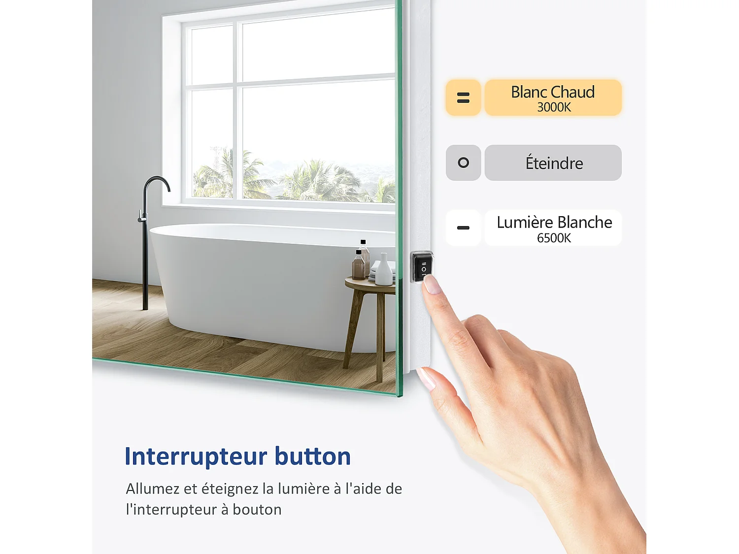 EMKE Miroir lumineux salle de bain 60x45cm, Miroir LED avec Interrupteur à bouton, Anti-buée, Miroir avec éclairage lumière Blanche Froide/Chaude