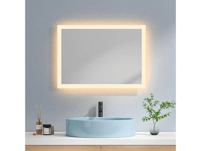 EMKE Miroir lumineux salle de bain 70x50cm, Miroir LED salle de bain, Miroir avec l'éclairage, Lumière Chaude