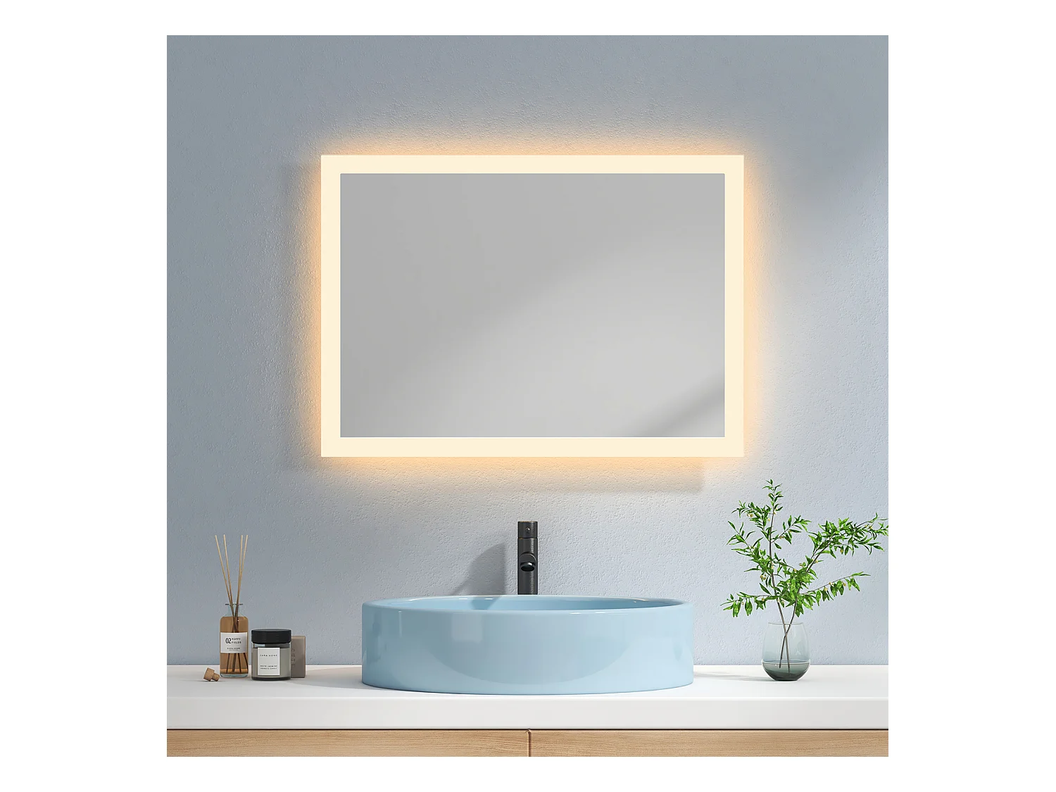 EMKE Miroir lumineux salle de bain 70x50cm, Miroir LED salle de bain, Miroir avec l'éclairage, Lumière Chaude