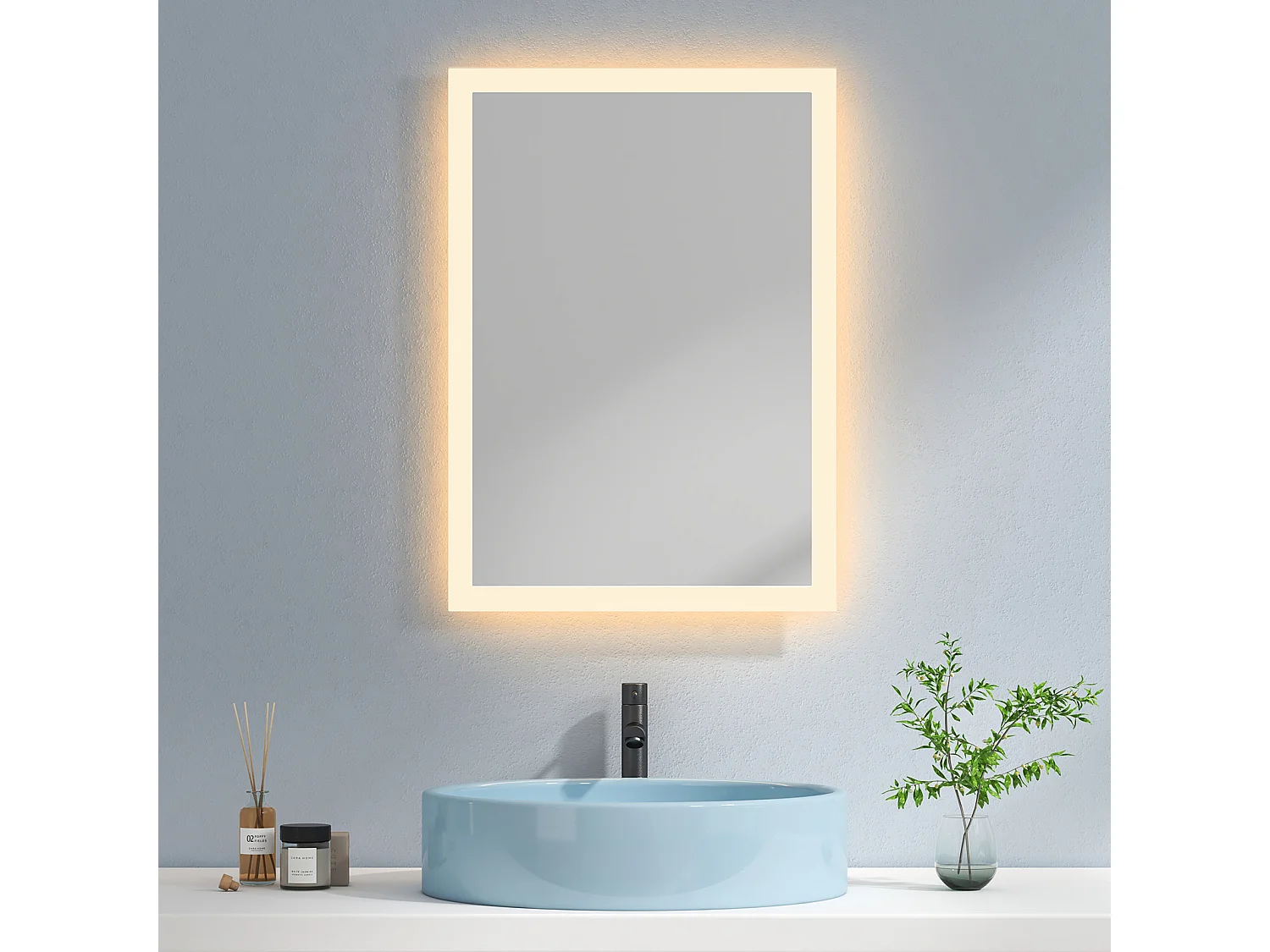 EMKE Miroir lumineux salle de bain 70x50cm, Miroir LED salle de bain, Miroir avec l'éclairage, Lumière Chaude