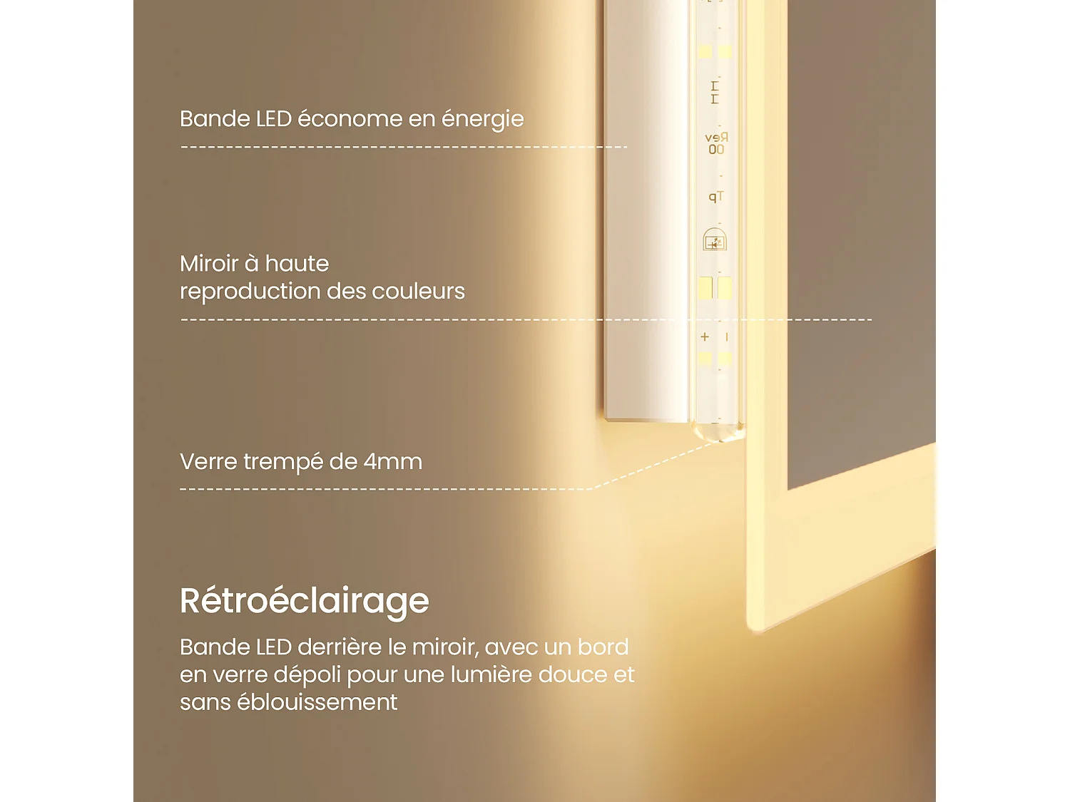 EMKE LED-Badezimmerspiegel 50 x 70 cm, rechteckiger LED-Spiegel, 3000 K Beleuchtung