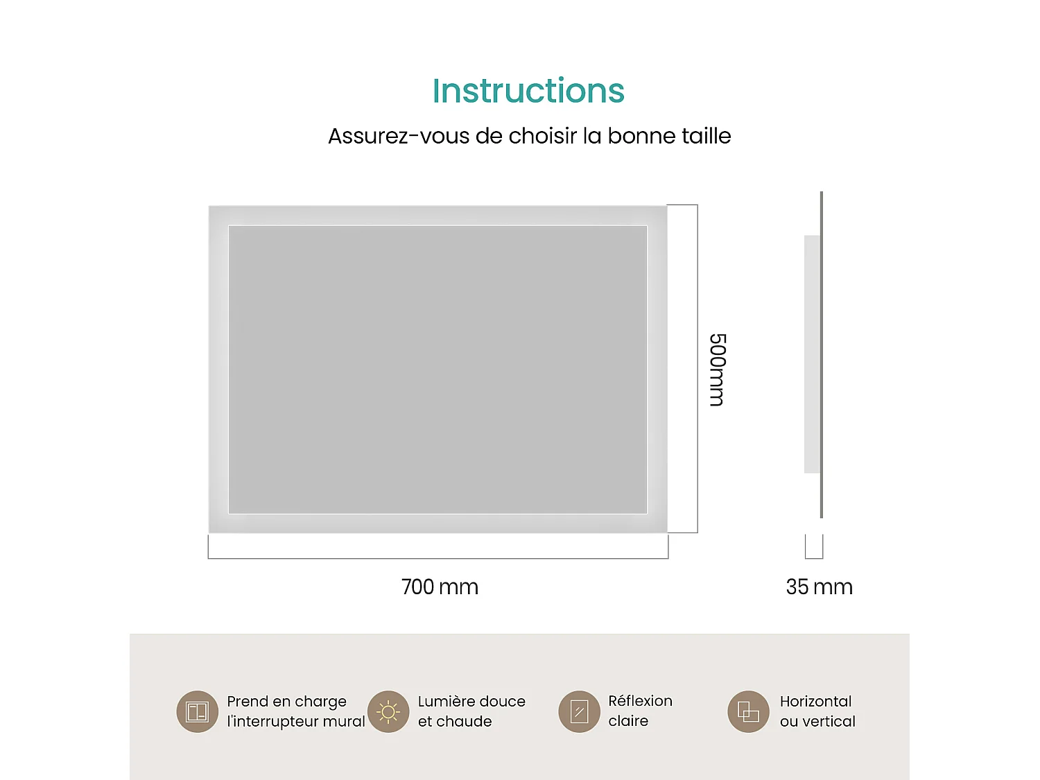 EMKE LED-Badezimmerspiegel 50 x 70 cm, rechteckiger LED-Spiegel, 3000 K Beleuchtung