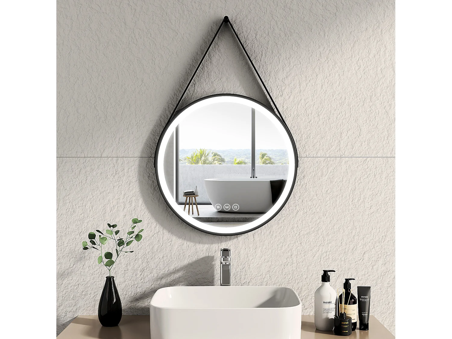 EMKE Miroir lumineux salle de bain rond diamètre 50cm cadre noir, Sangle réglable, Miroir LED, Interrupteur Tactile, Anti-buée, 3 couleurs Lumières