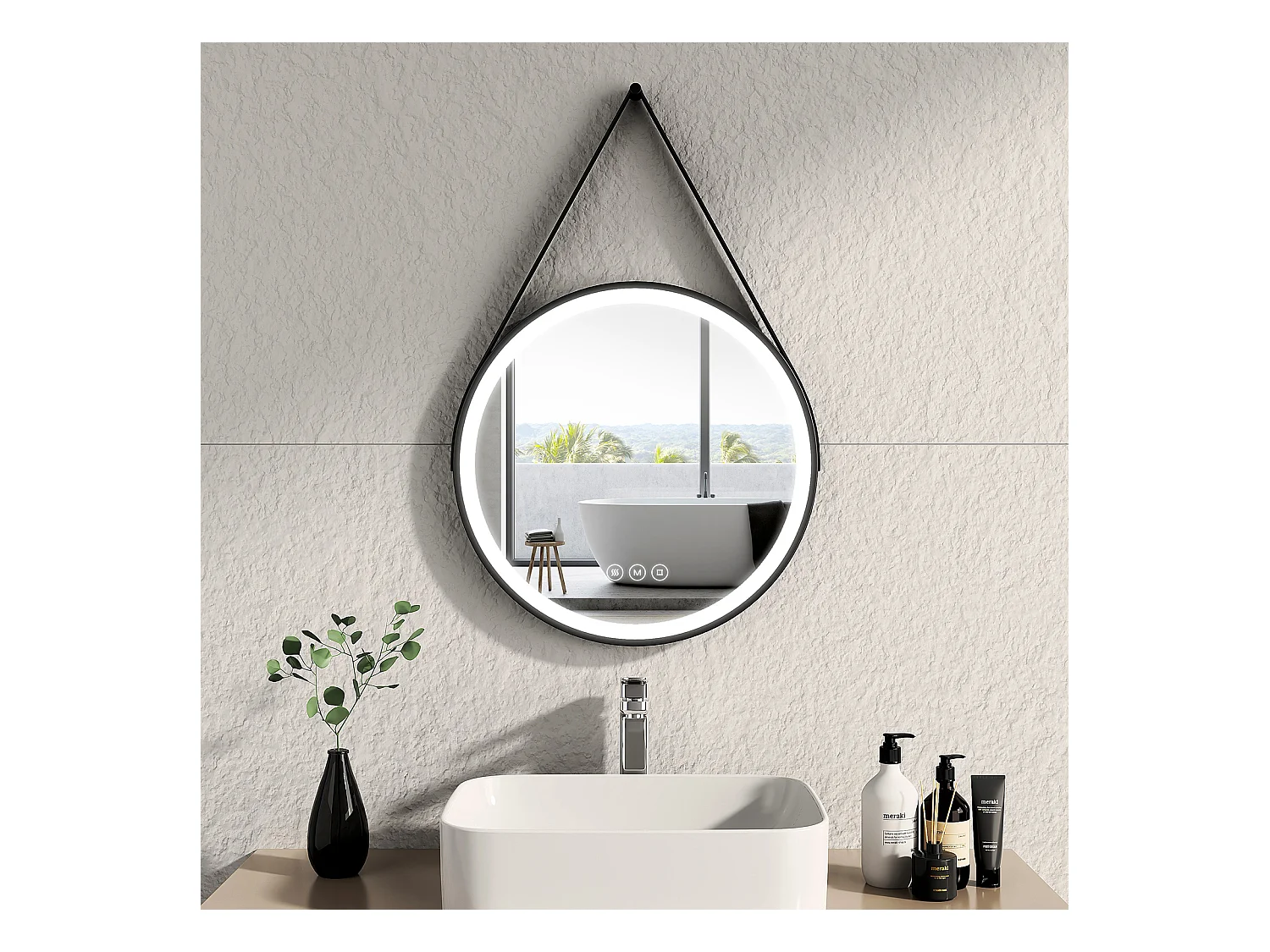 EMKE LED Specchio da bagno rotondo 50 cm Telaio nero con tracolla regolabile Antiappannamento Luce bianca fredda/calda/neutra