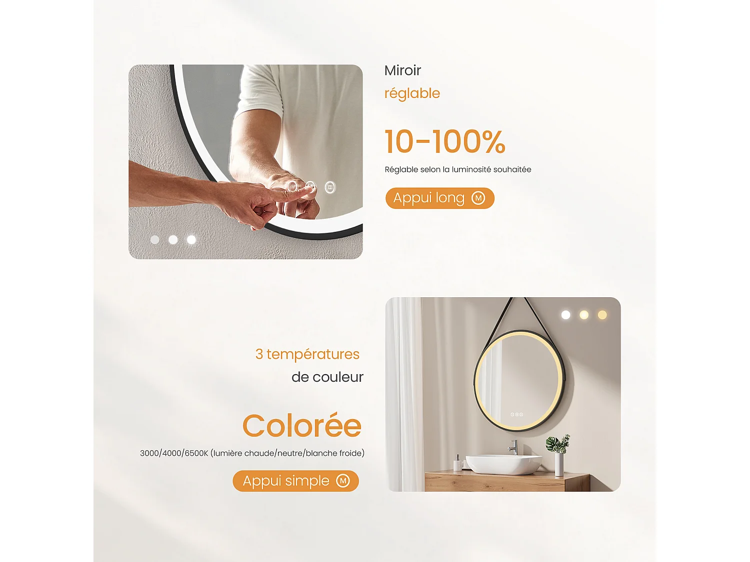 EMKE Miroir LED Rond de Salle de Bain, Diamètre 50 cm, Cadre Noir, Sangle réglable, Interrupteur Tactile, Anti-buée, 3 Couleurs