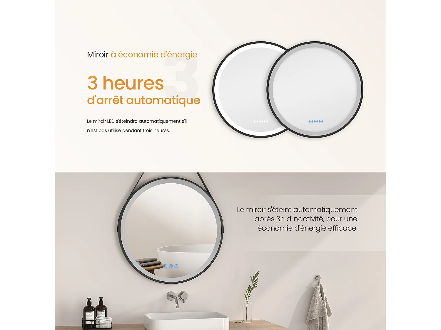 EMKE Miroir LED Rond de Salle de Bain, Diamètre 50 cm, Cadre Noir, Sangle réglable, Interrupteur Tactile, Anti-buée, 3 Couleurs