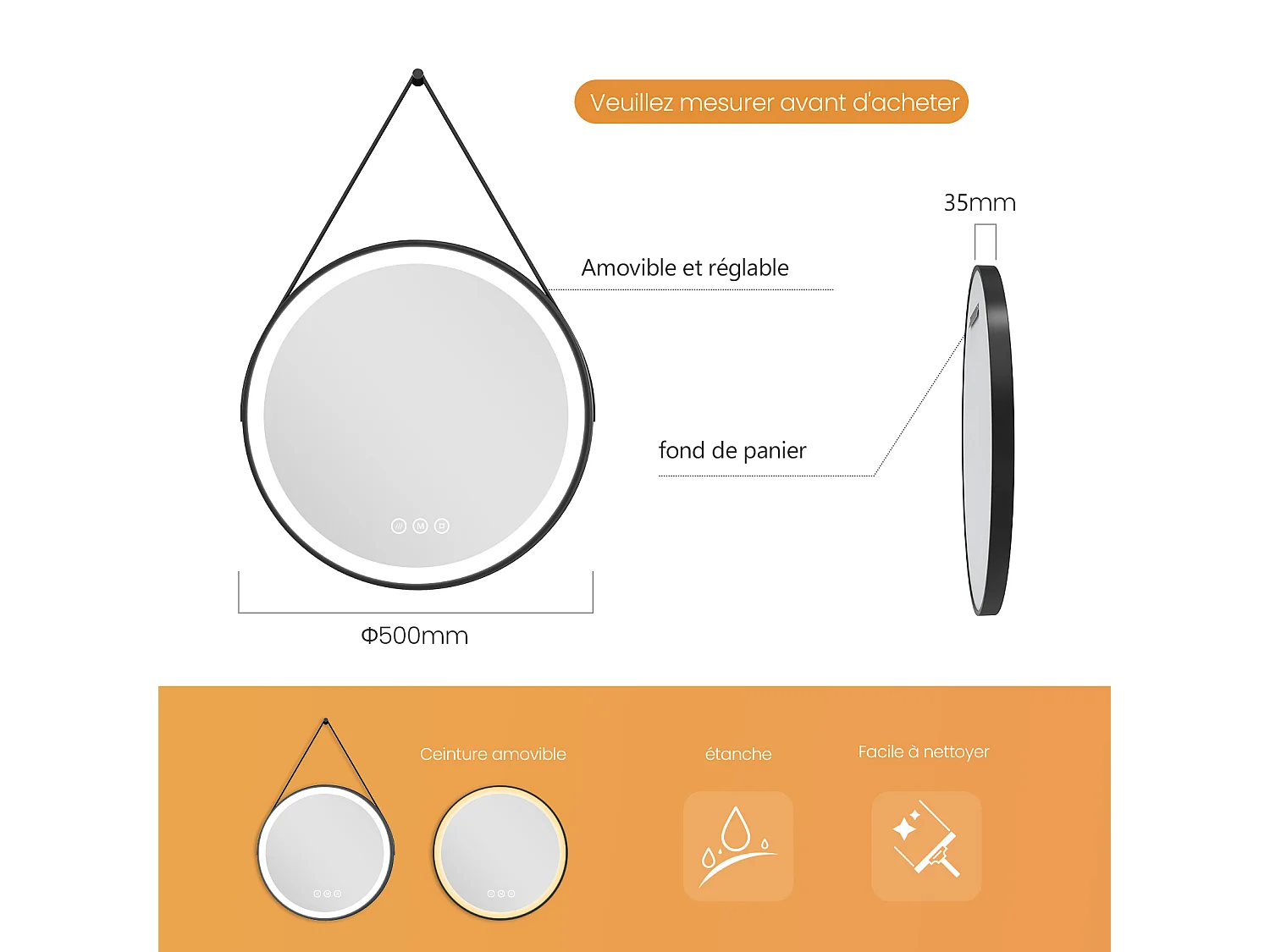 EMKE Miroir LED Rond de Salle de Bain, Diamètre 50 cm, Cadre Noir, Sangle réglable, Interrupteur Tactile, Anti-buée, 3 Couleurs