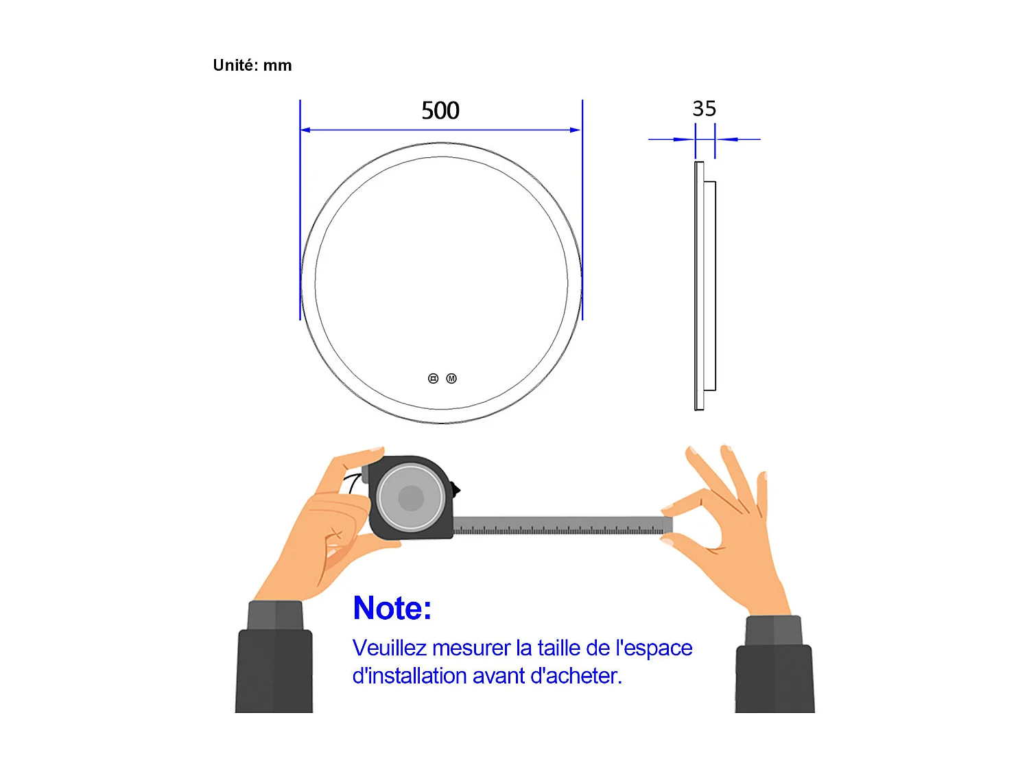 EMKE Specchio da bagno con luce Specchio da bagno rotondo con interruttore sensibile al tocco, antiappannamento, diametro 50 cm Tre colori di luce