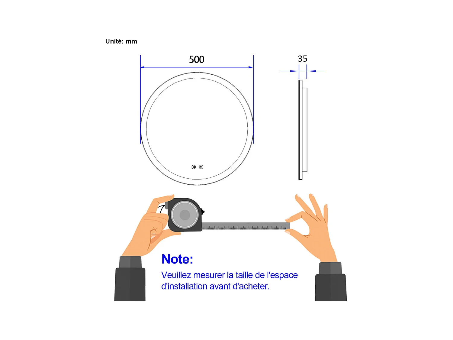 BADSPIEGEL runder mit Beleuchtung mit Anti-Beschlag Ø50 cm