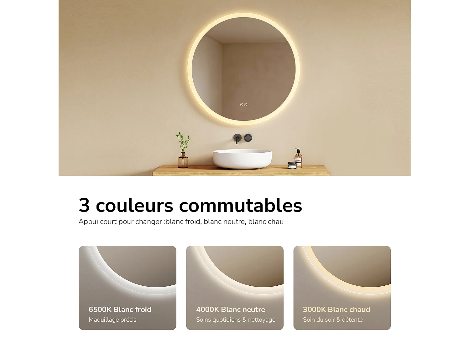 EMKE Ronde LED Badkamerspiegel 50 cm met Aanraakschakelaar Anti Condensfunctie 3 Lichtkleuren