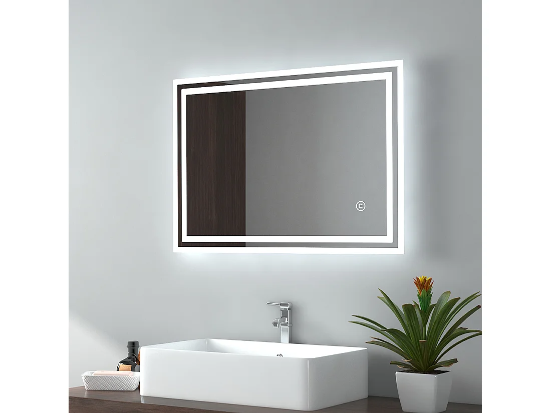 EMKE LED-badkamerspiegel 70 x 50 cm, Spiegel met LED-verlichting, Touch-schakelaar, Anti-condens, 3 lichtkleuren