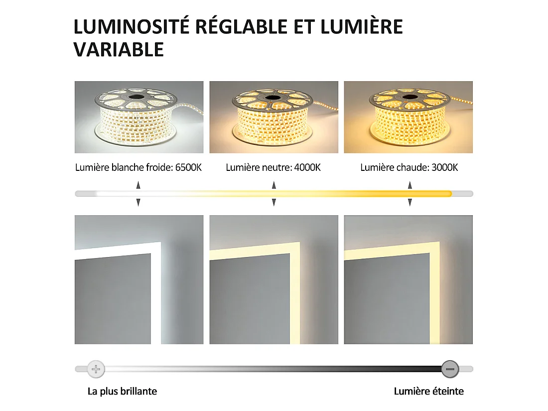 EMKE LED-badkamerspiegel 70 x 50 cm, Spiegel met LED-verlichting, Touch-schakelaar, Anti-condens, 3 lichtkleuren