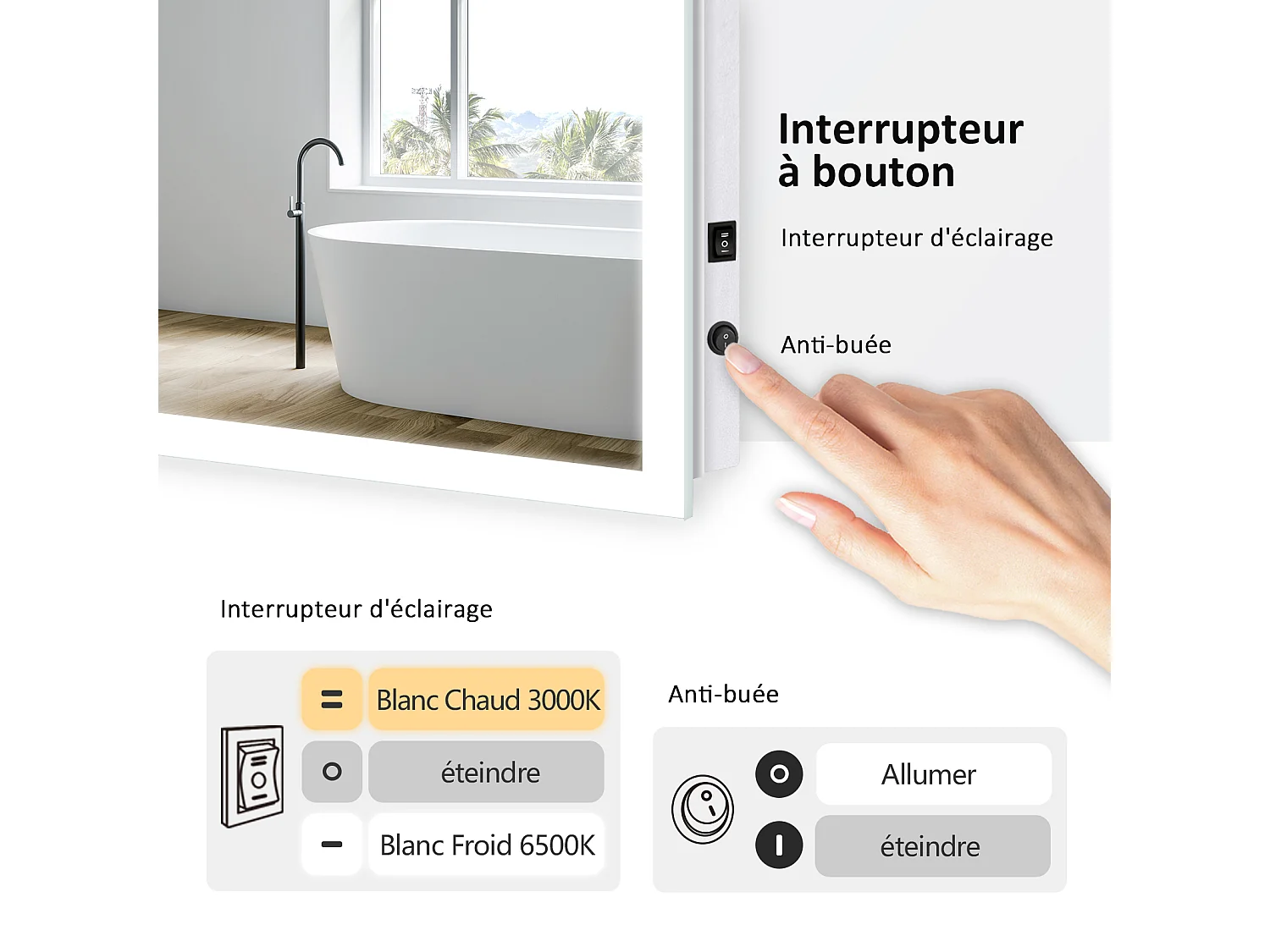 EMKE Verlicht badkamer spiegel 45x60cm, LED spiegel met knop, Anti-condens, Spiegel met verlichting koud/warm wit licht