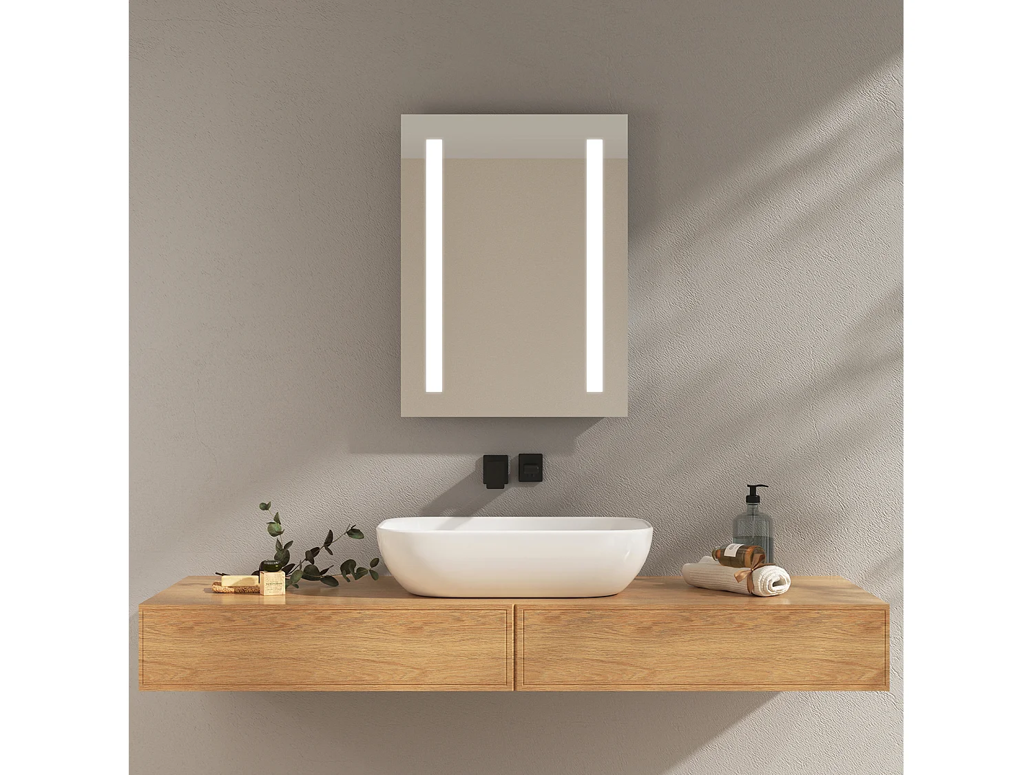 EMKE Miroir lumineux salle de bain 45x60cm, Miroir LED avec Interrupteur à bouton, Anti-buée, Miroir avec éclairage lumière Blanche Froide/Chaude