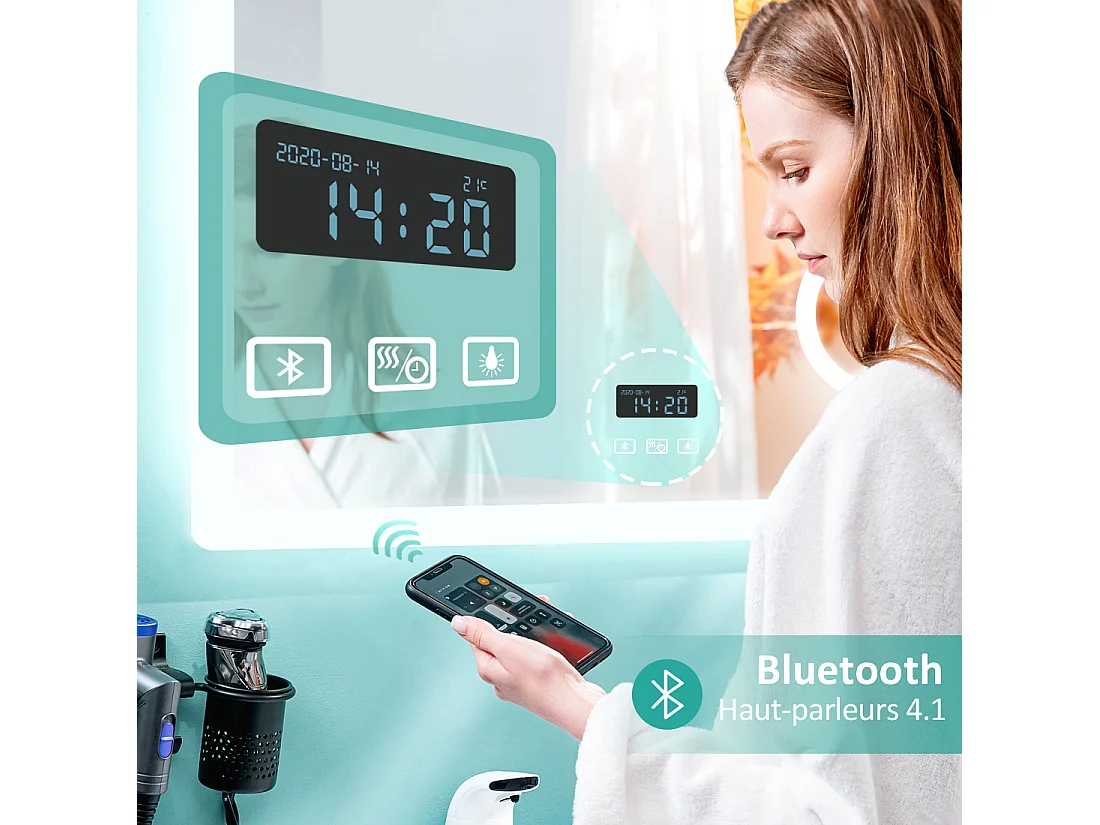EMKE Miroir lumineux salle de bain 100x60cm, Miroir LED avec Interrupteur Tactile, Anti-buée, 3x Grossissement, Bluetooth, 3 couleurs de Lumières