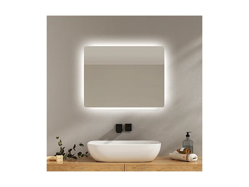 EMKE Miroir lumineux salle de bain Rétro-éclairage 60x45cm, Miroir LED avec Interrupteur à bouton, Anti-buée, lumière Blanche Froide/Chaude