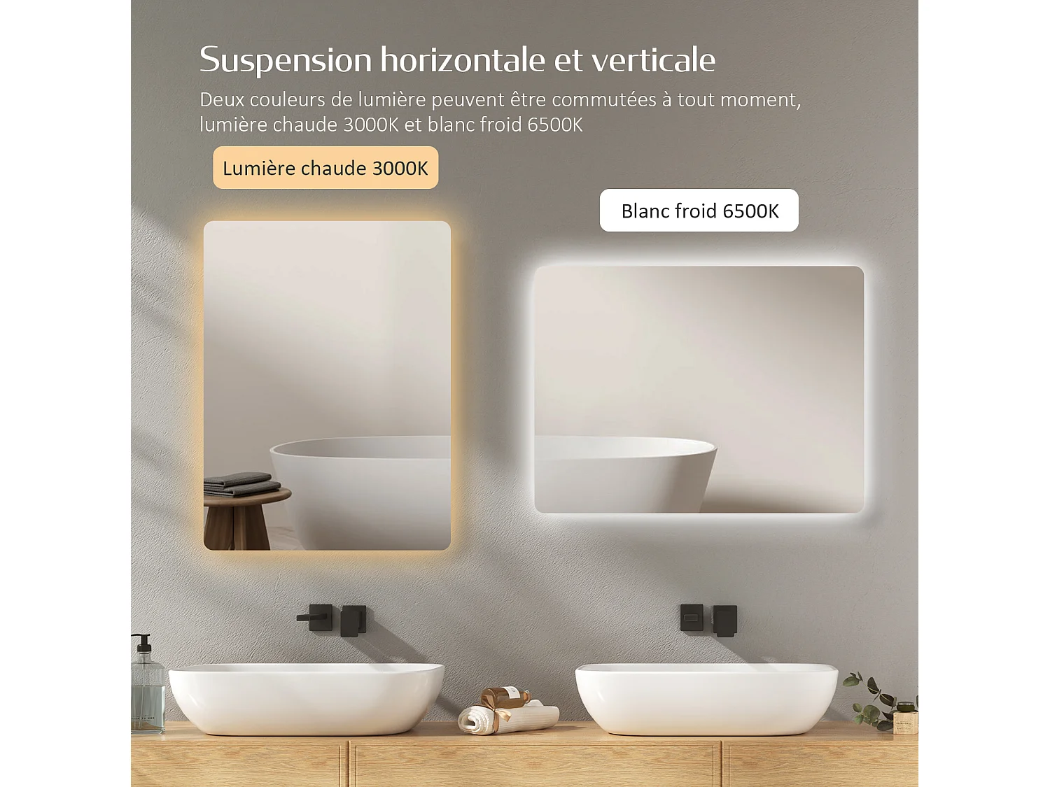 EMKE Badkamerspiegel LM09 - Frameloos - Anti Condens Douchespiegel - 3000K Warm/6500K Koud - Horizontaal/Verticaal Hangend - 45 x 60 CM