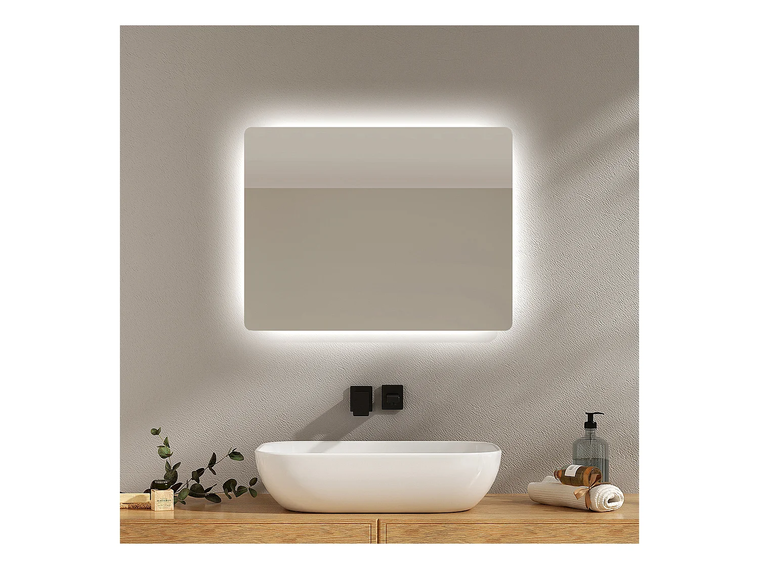 EMKE Miroir lumineux salle de bain Rétro-éclairage 60x45cm, Miroir LED avec Interrupteur à bouton, Anti-buée, lumière Blanche Froide/Chaude