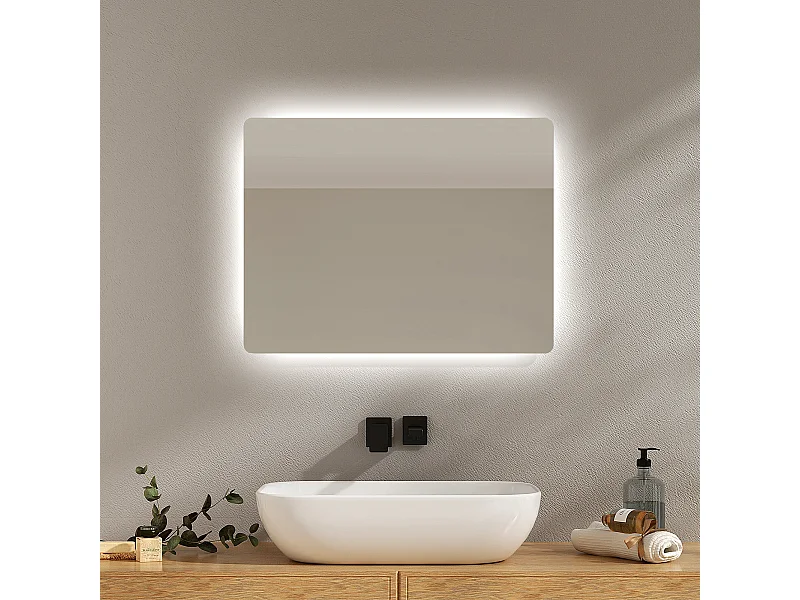 EMKE Miroir lumineux salle de bain Rétro-éclairage 60x45cm, Miroir LED avec Interrupteur à bouton, Anti-buée, lumière Blanche Froide/Chaude