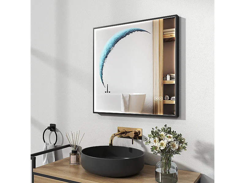 EMKE Miroir lumineux salle de bain Carré 50x50cm, Cadre noir, Miroir LED avec Interrupteur Tactile, Anti-buée, Lumière Blanche Froide