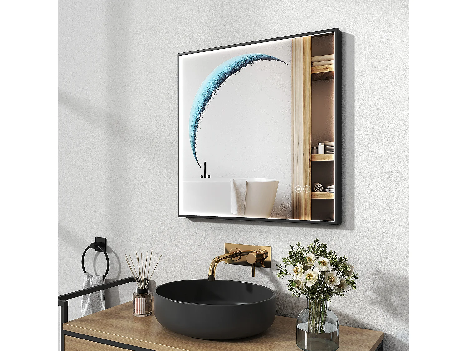 EMKE Miroir lumineux salle de bain Carré 50x50cm, Cadre noir, Miroir LED avec Interrupteur Tactile, Anti-buée, Lumière Blanche Froide