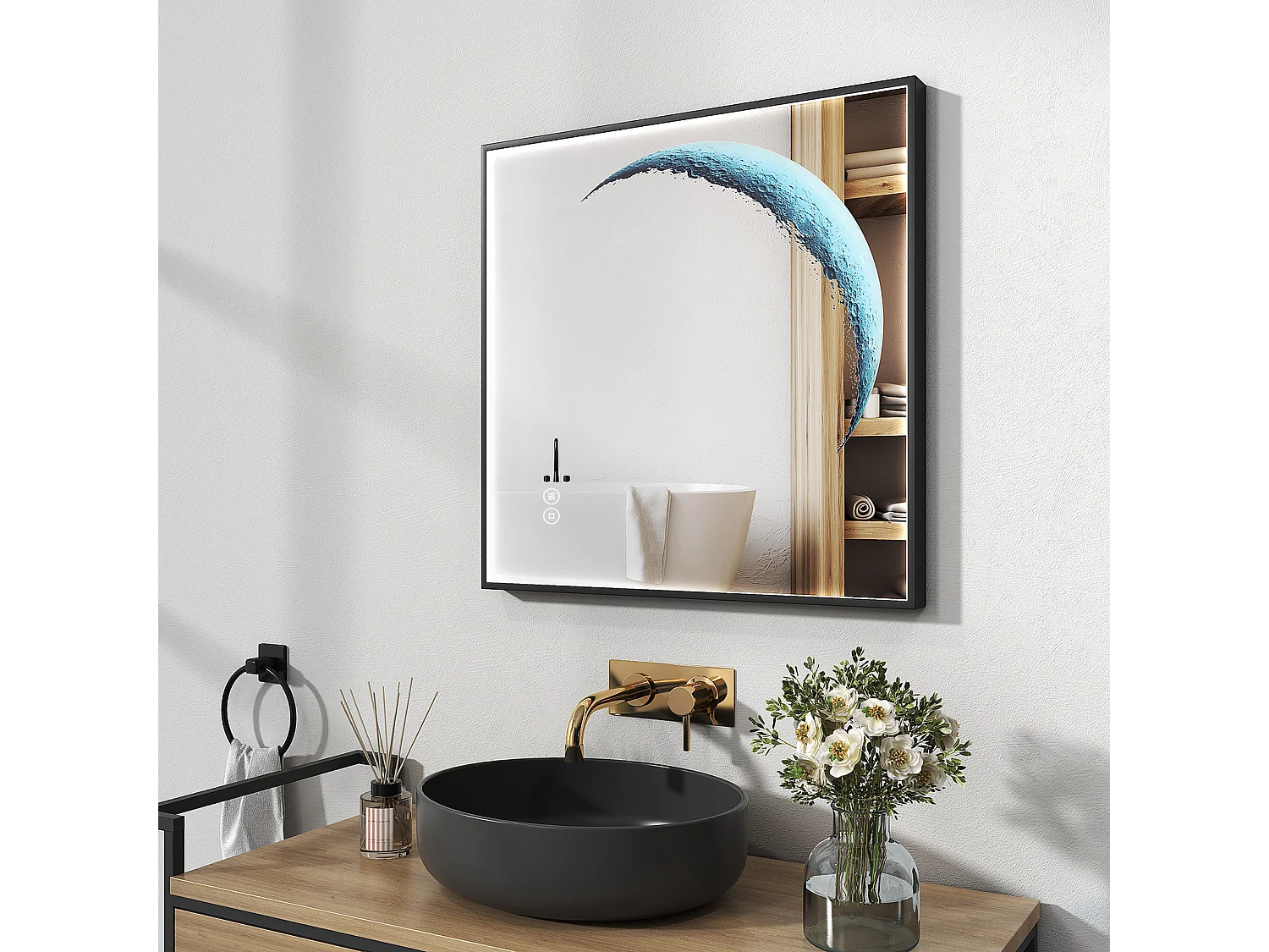 EMKE Miroir lumineux salle de bain Carré 50x50cm, Cadre noir, Miroir LED avec Interrupteur Tactile, Anti-buée, Lumière Blanche Froide