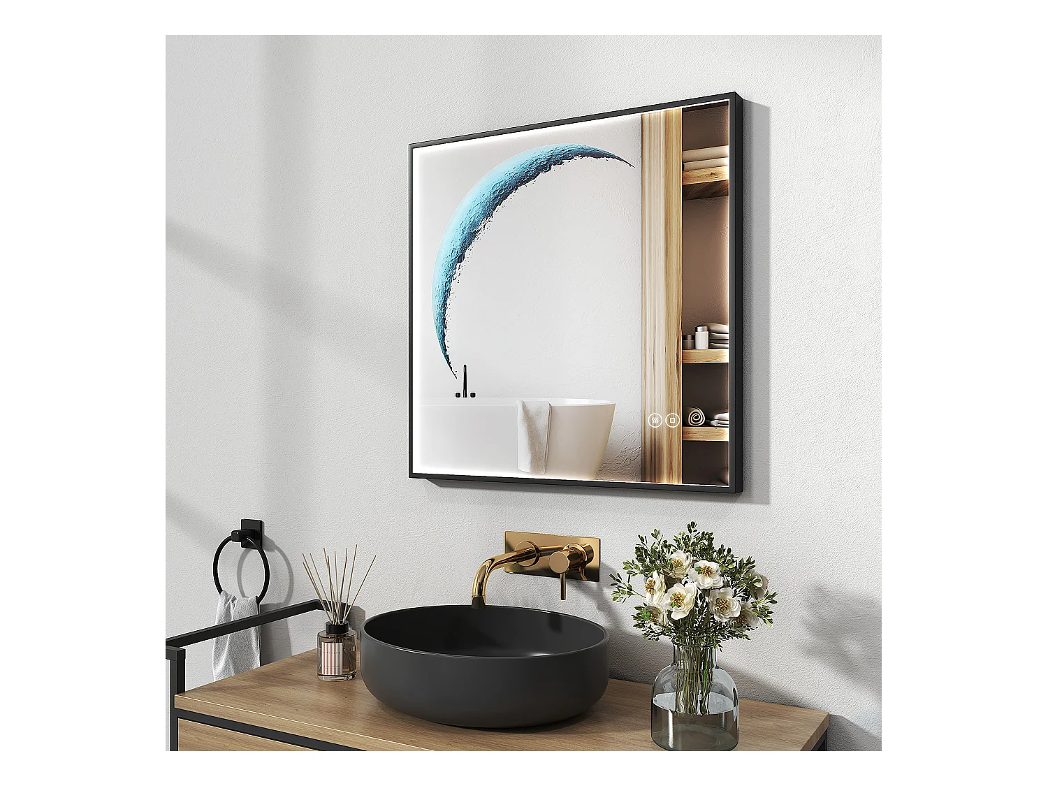 EMKE Miroir lumineux salle de bain Carré 50x50cm, Cadre noir, Miroir LED avec Interrupteur Tactile, Anti-buée, Lumière Blanche Froide