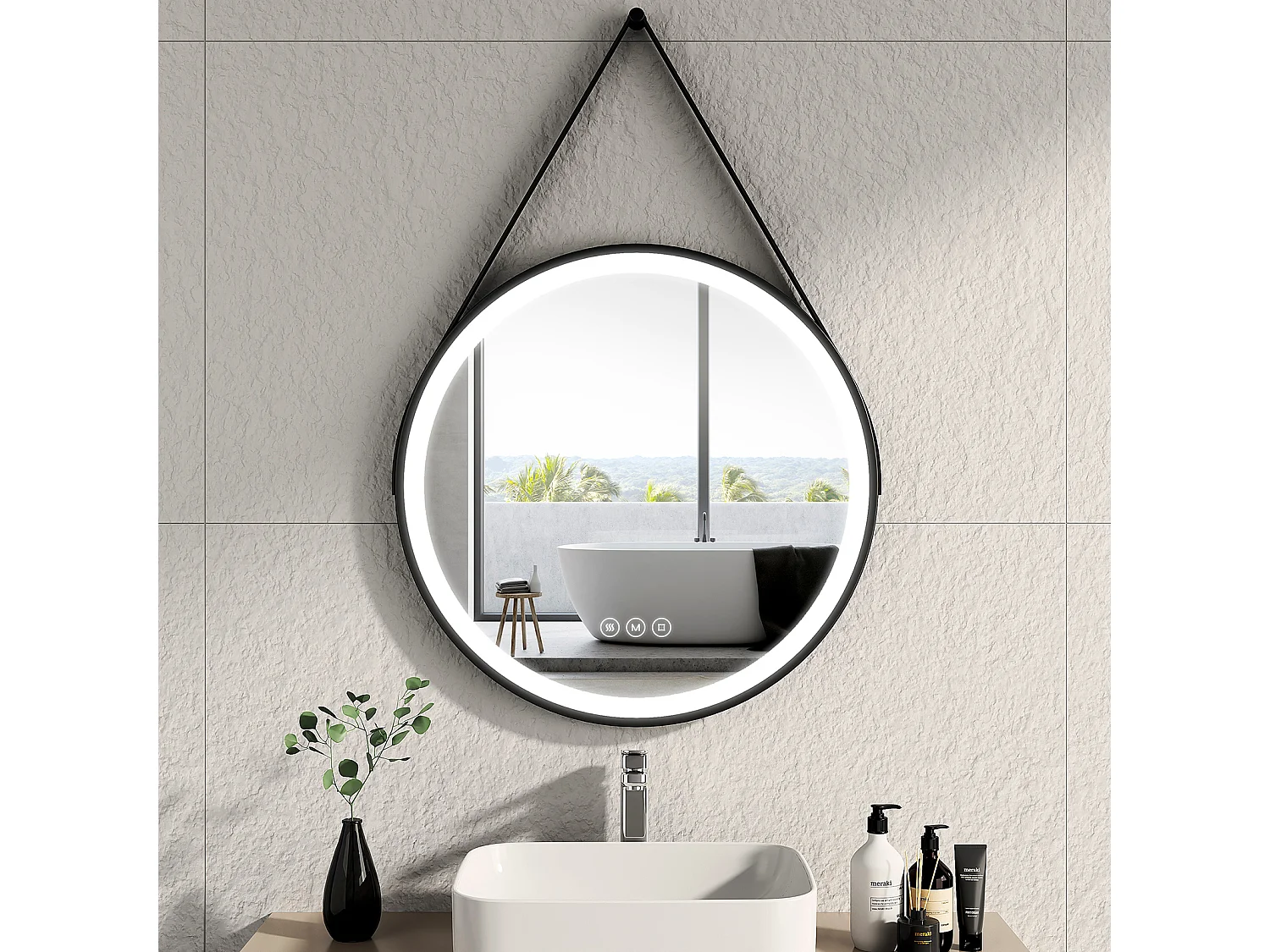 EMKE Miroir lumineux salle de bain rond diamètre 70cm cadre noir, Sangle réglable, Miroir LED, Interrupteur Tactile, Anti-buée, 3 couleurs Lumières