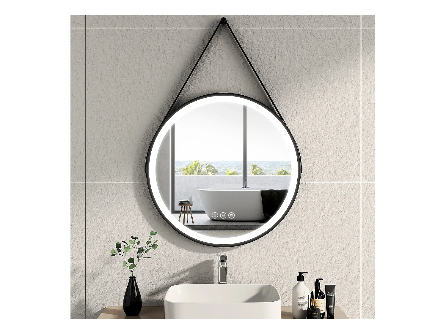EMKE LED Specchio da bagno rotondo 70 cm Telaio nero con tracolla regolabile Antiappannamento Luce bianca fredda/calda/neutra