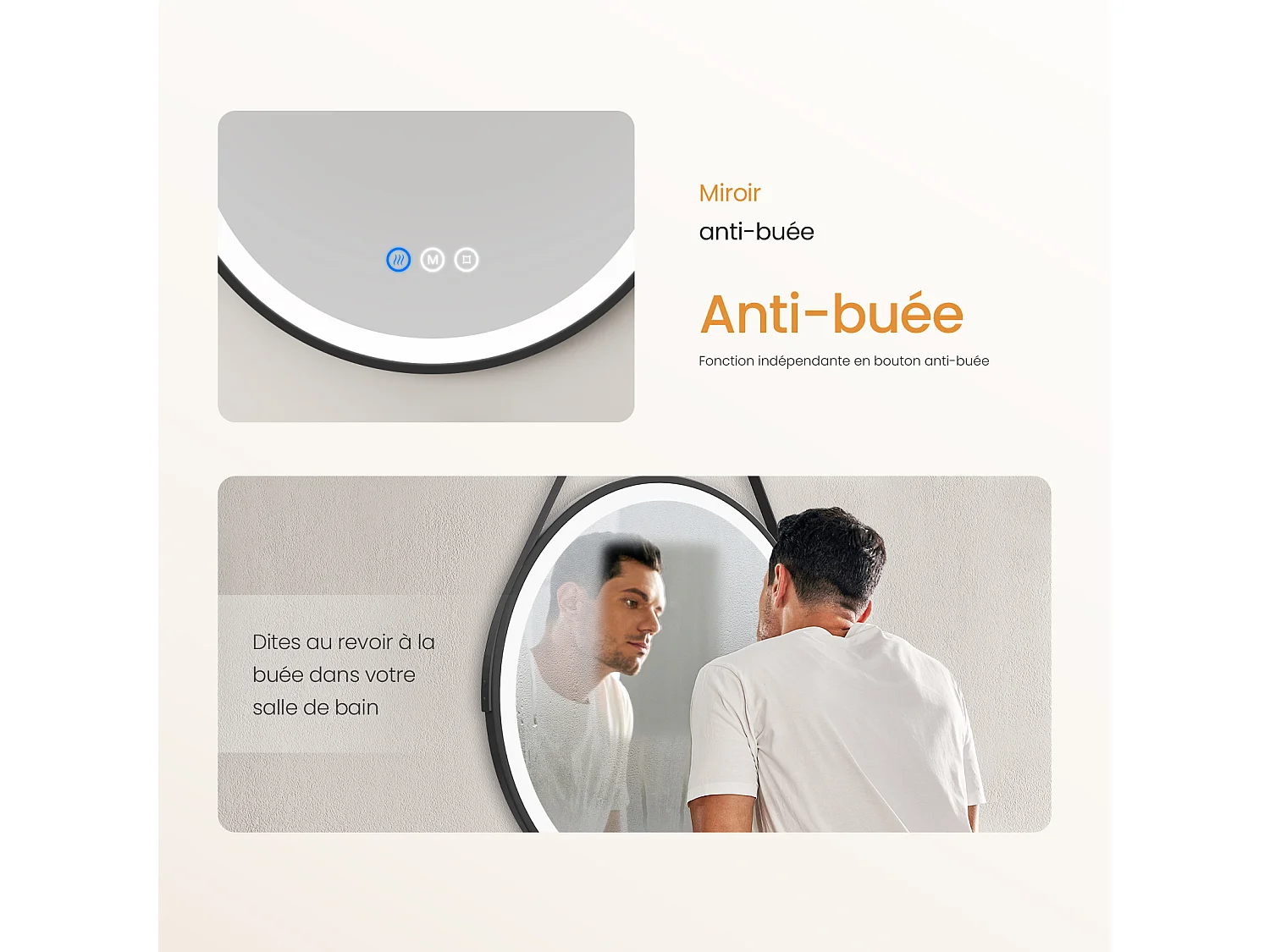 EMKE Miroir LED Rond de Salle de Bain, Diamètre 70 cm, Cadre Noir, Sangle réglable, Interrupteur Tactile, Anti-buée, 3 Couleurs