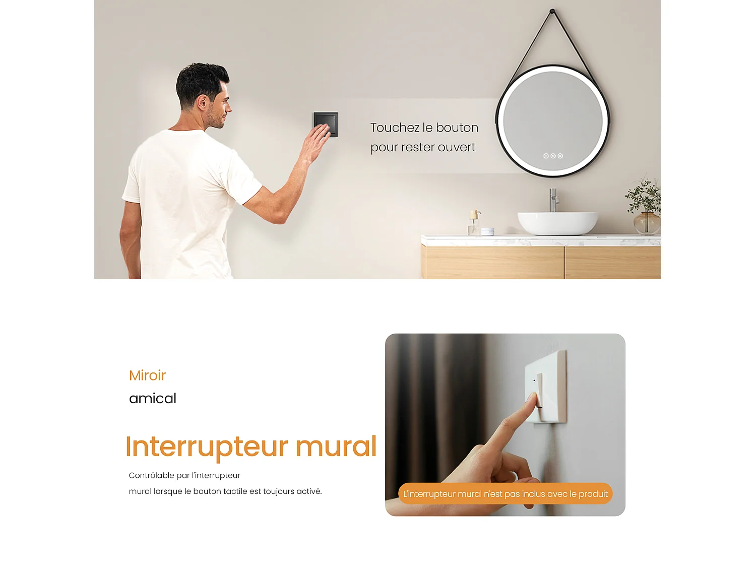 EMKE Miroir LED Rond de Salle de Bain, Diamètre 70 cm, Cadre Noir, Sangle réglable, Interrupteur Tactile, Anti-buée, 3 Couleurs