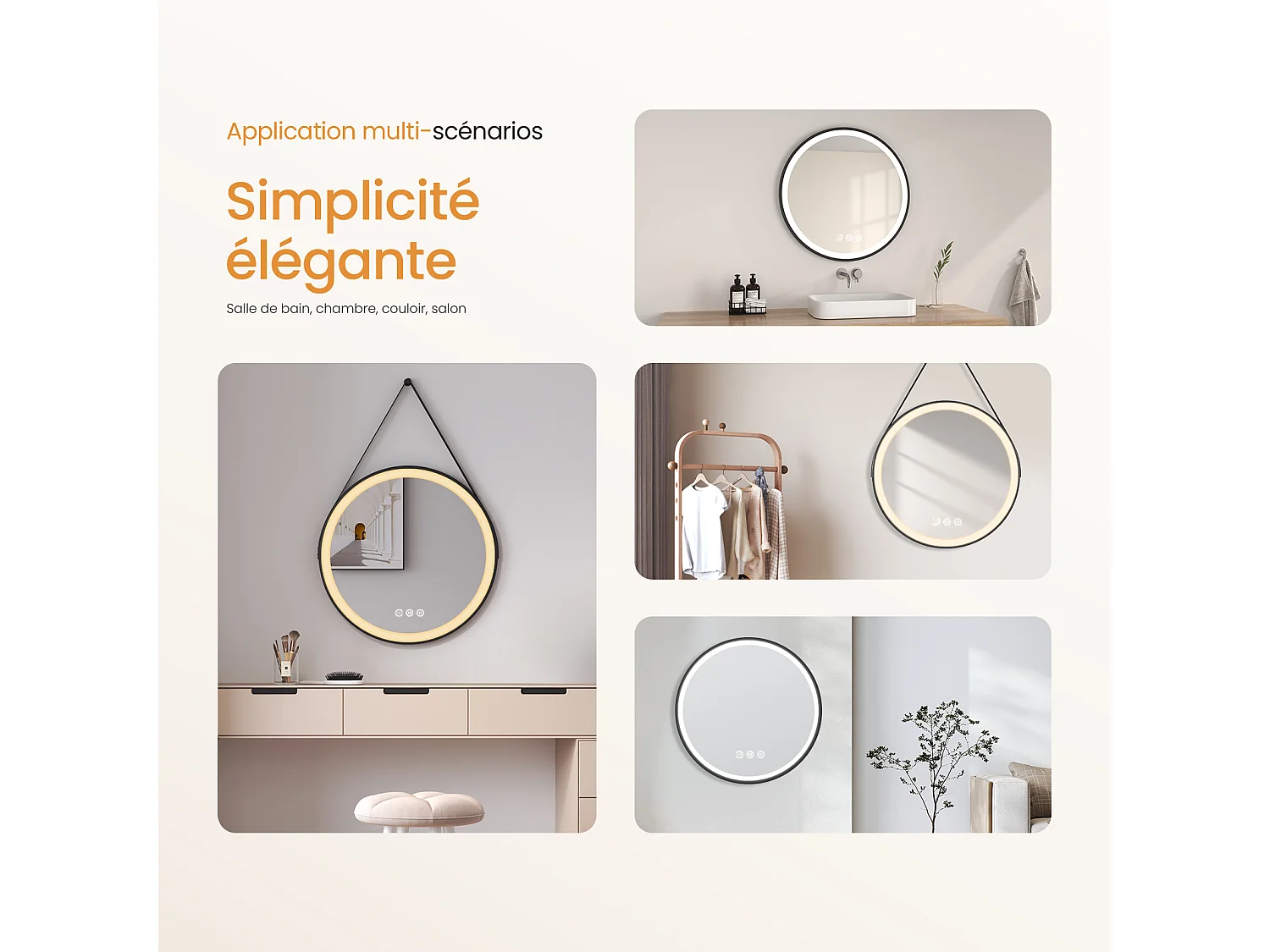 EMKE Miroir LED Rond de Salle de Bain, Diamètre 70 cm, Cadre Noir, Sangle réglable, Interrupteur Tactile, Anti-buée, 3 Couleurs