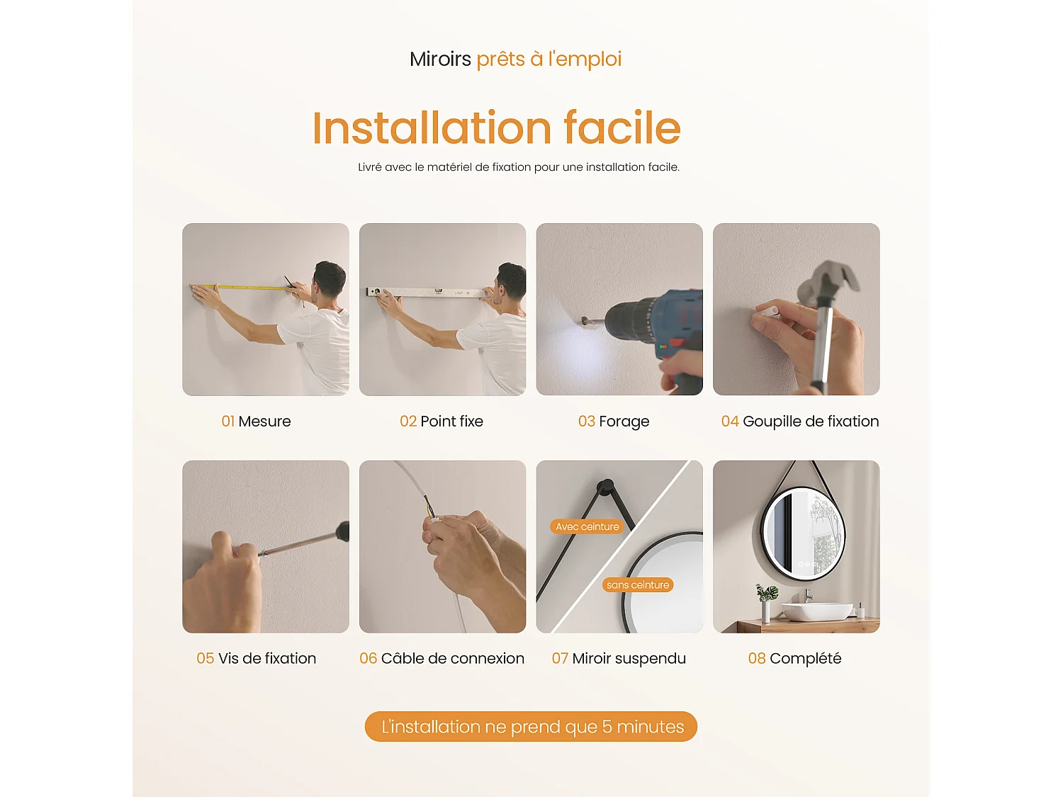 EMKE Miroir LED Rond de Salle de Bain, Diamètre 70 cm, Cadre Noir, Sangle réglable, Interrupteur Tactile, Anti-buée, 3 Couleurs