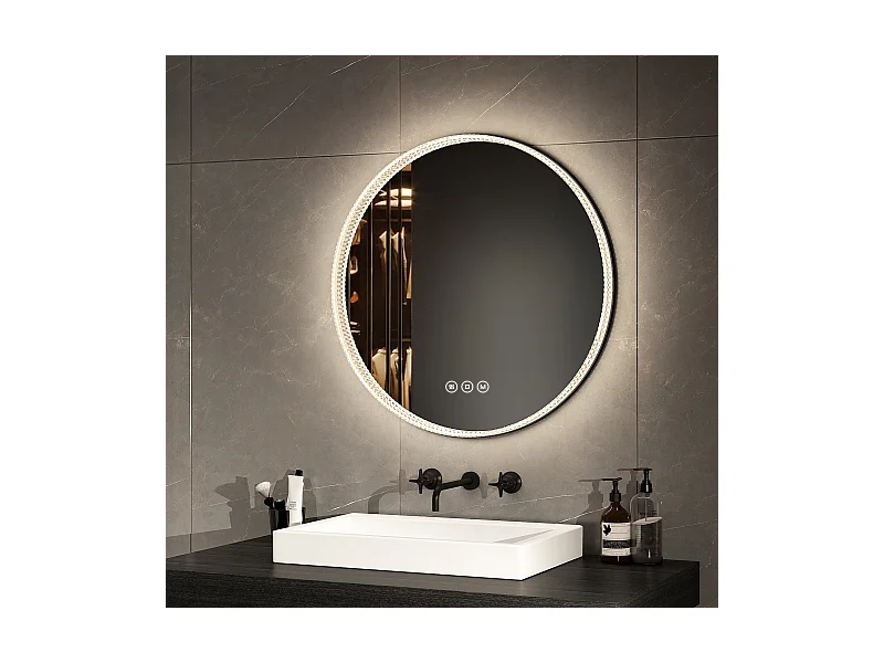 EMKE Miroir lumineux salle de bain rond 60cm Cadre Noir, Miroir LED avec Interrupteur Tactile, Anti-buée, Miroir avec 3 couleurs de Lumières