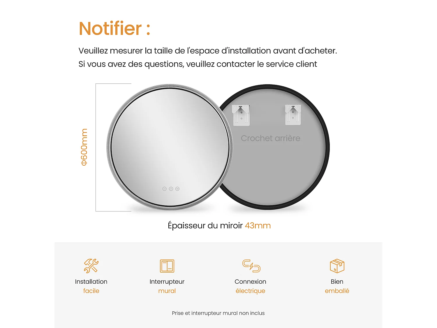 BADSPIEGEL Runder mit Beleuchtung Schwarz Ø60 cm