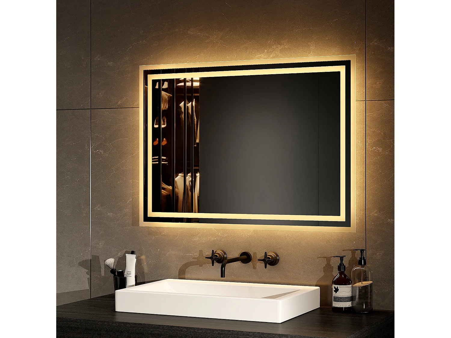 EMKE Miroir lumineux salle de bain 70x50cm, Miroir avec éclairage Miroir LED, Lumière Blanche Chaude