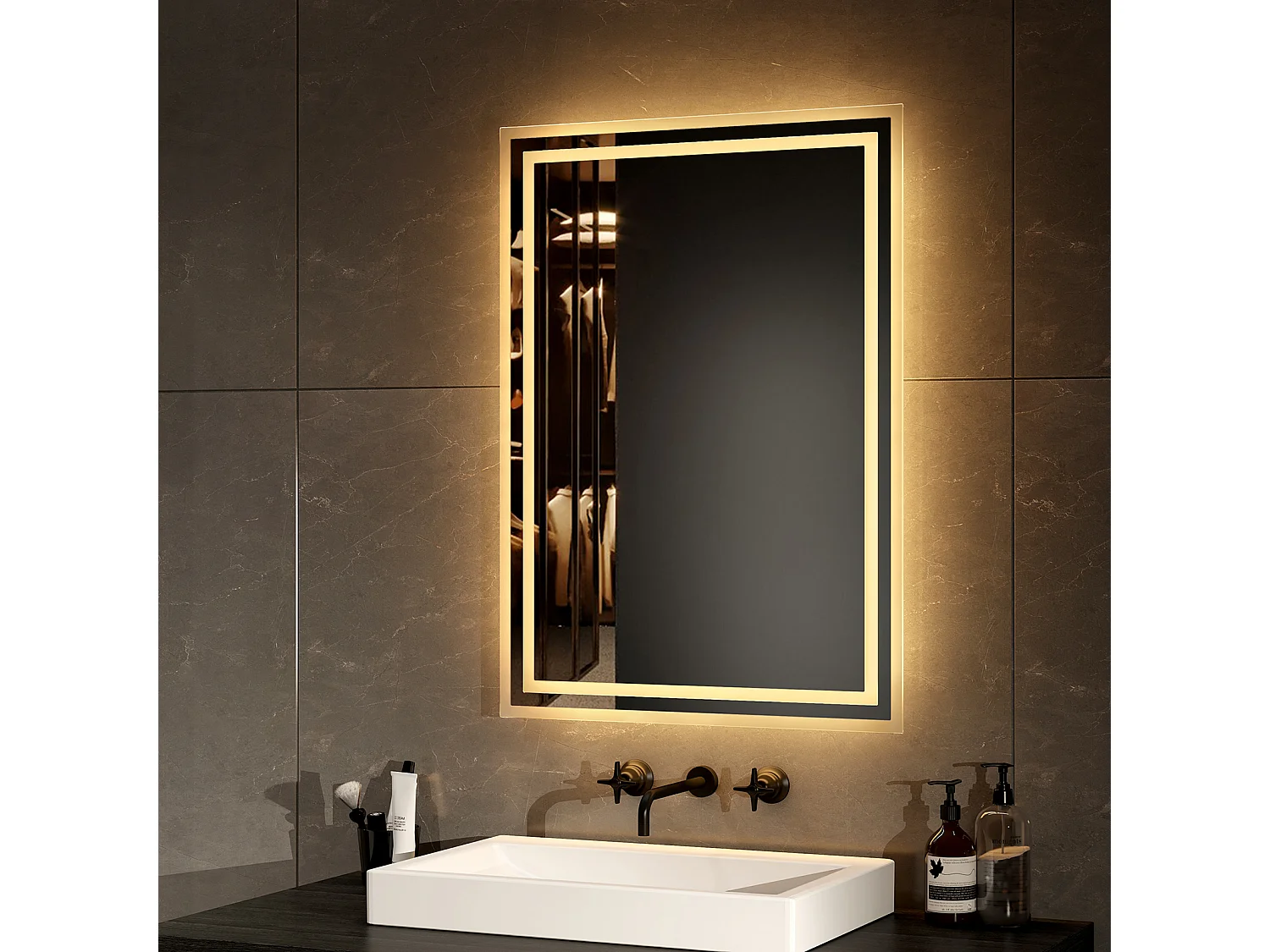 EMKE Miroir lumineux salle de bain 70x50cm, Miroir avec éclairage Miroir LED, Lumière Blanche Chaude
